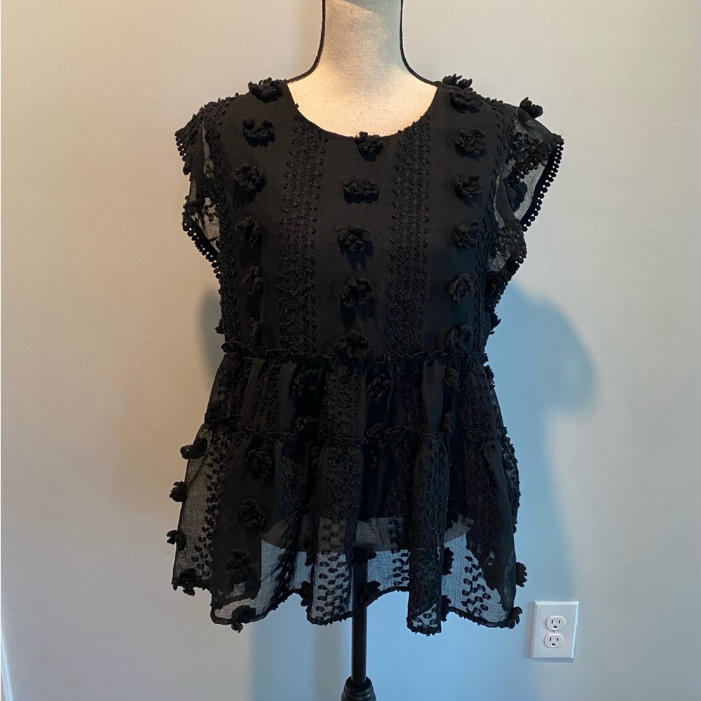 THML Black Pom Swiss Dot Ruffle Sheer Overlay Boho Tank Blouse Womens size XL